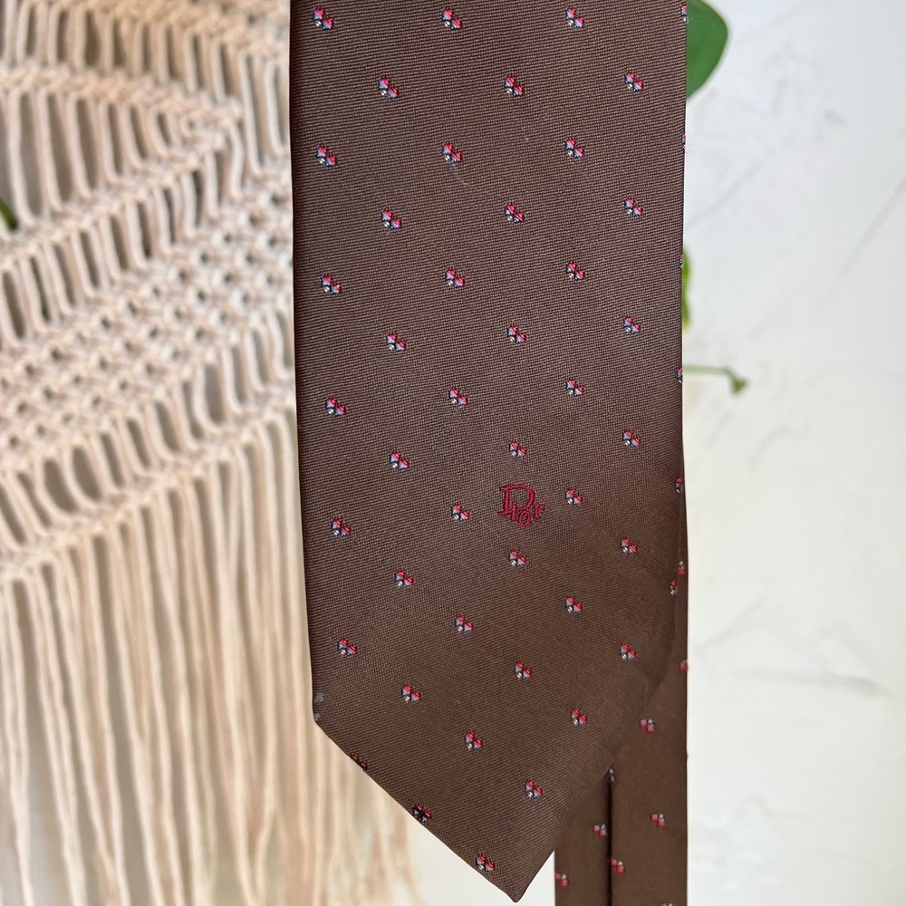 Christian Dior Vintage Silk Blend Tie Brown Print Classic Width Designer Necktie